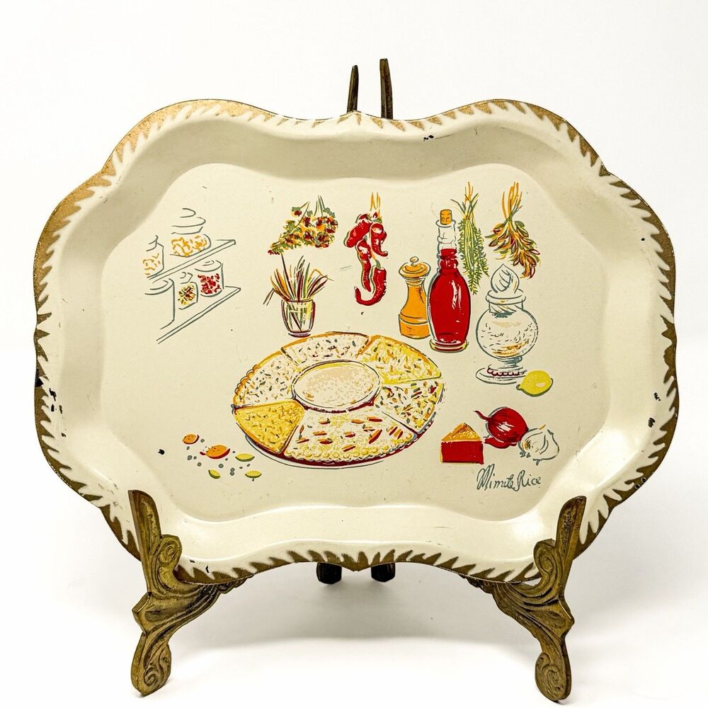 Vintage Pilgrim Art Minette Rice Metal Serving Tray Hand Decorated Kitchen Tole